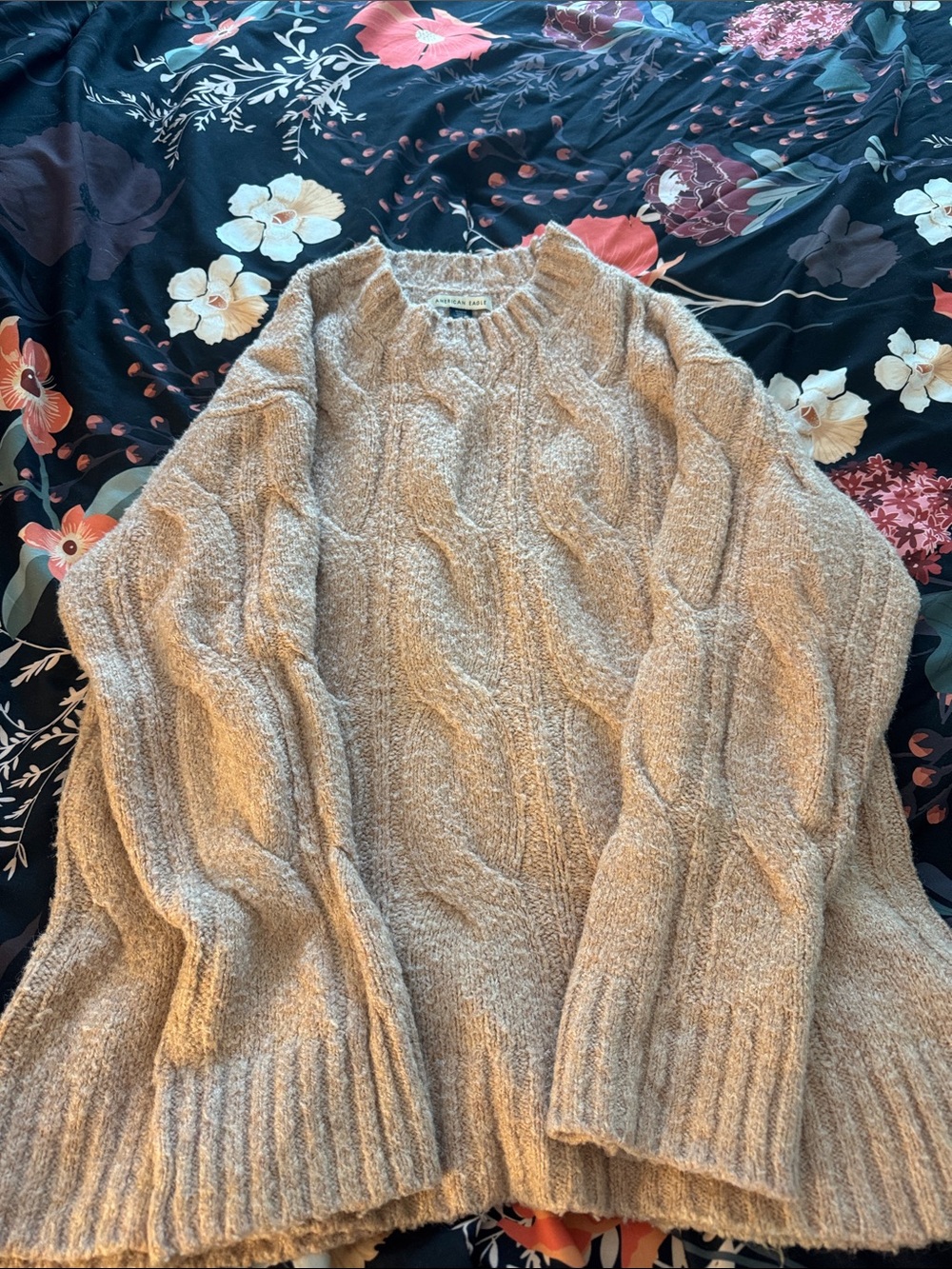 American Eagle Outfitters Beige Cable Knit Crewneck Sweater